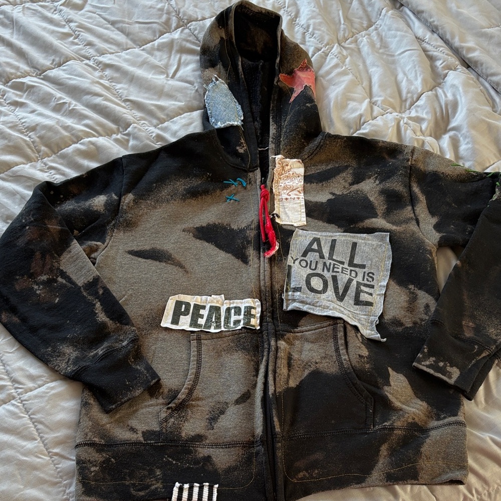 Artistic Black and Brown Hoodie with Patches